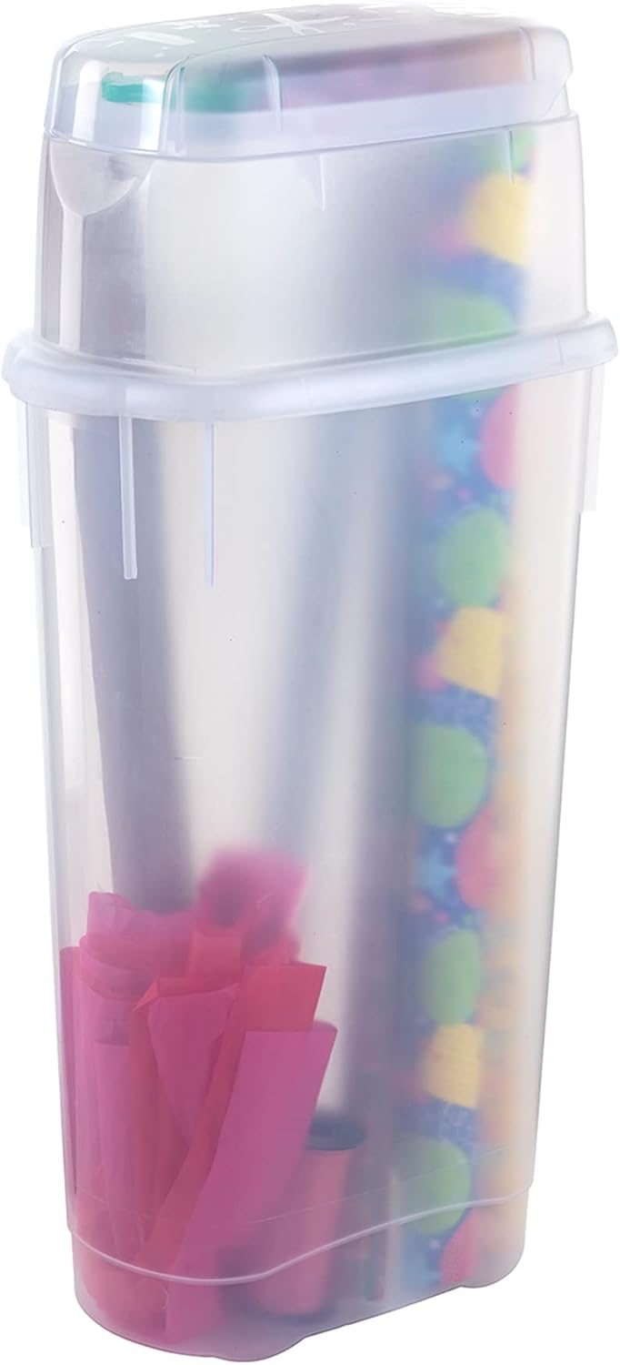 Rubbermaid Wrap N' Craft Plastic Wrapping Paper Organizer Storage Container with Top Ornament Storage Compartment for 20 Standard 30 Inch Rolls. Clear - Image 8