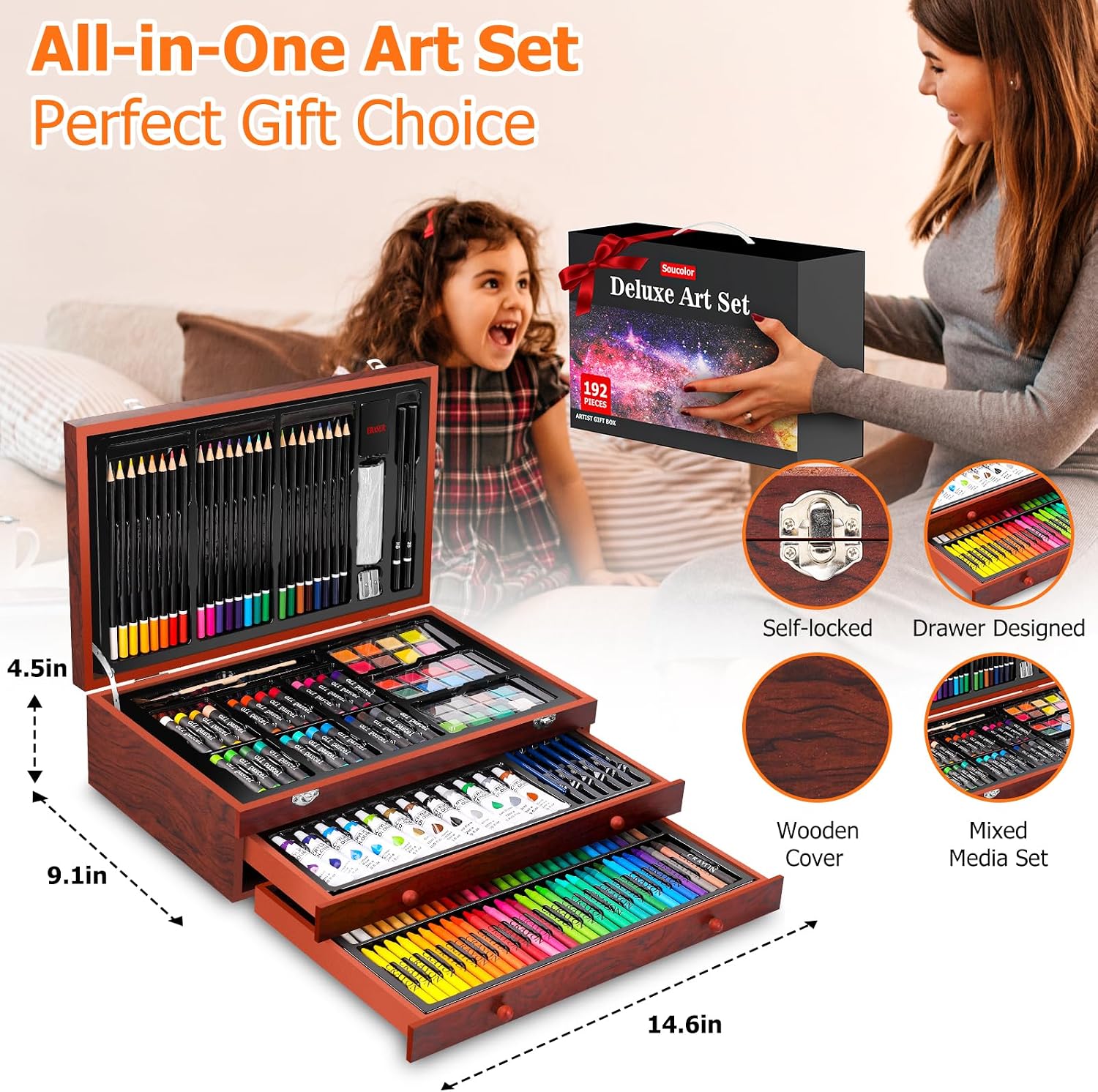 Soucolor Art Supplies.192 Pack Deluxe Art Set Drawing Painting Supplies Kit | Acrylic Pad. Watercolor Pad. Sketch Book. Canvases. Acrylic Paint. Crayons. Pencils. Gifts for Artist Adults Teen Kids - Image 7