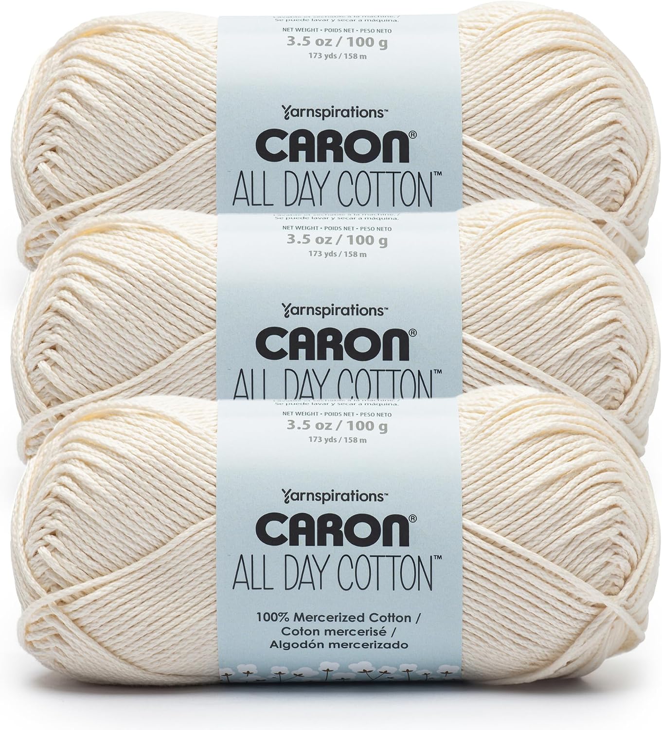 Caron All Day Cotton - 3 Pack of 173 Yards/3.52 oz Cream 100% Mercerized Cotton Yarn