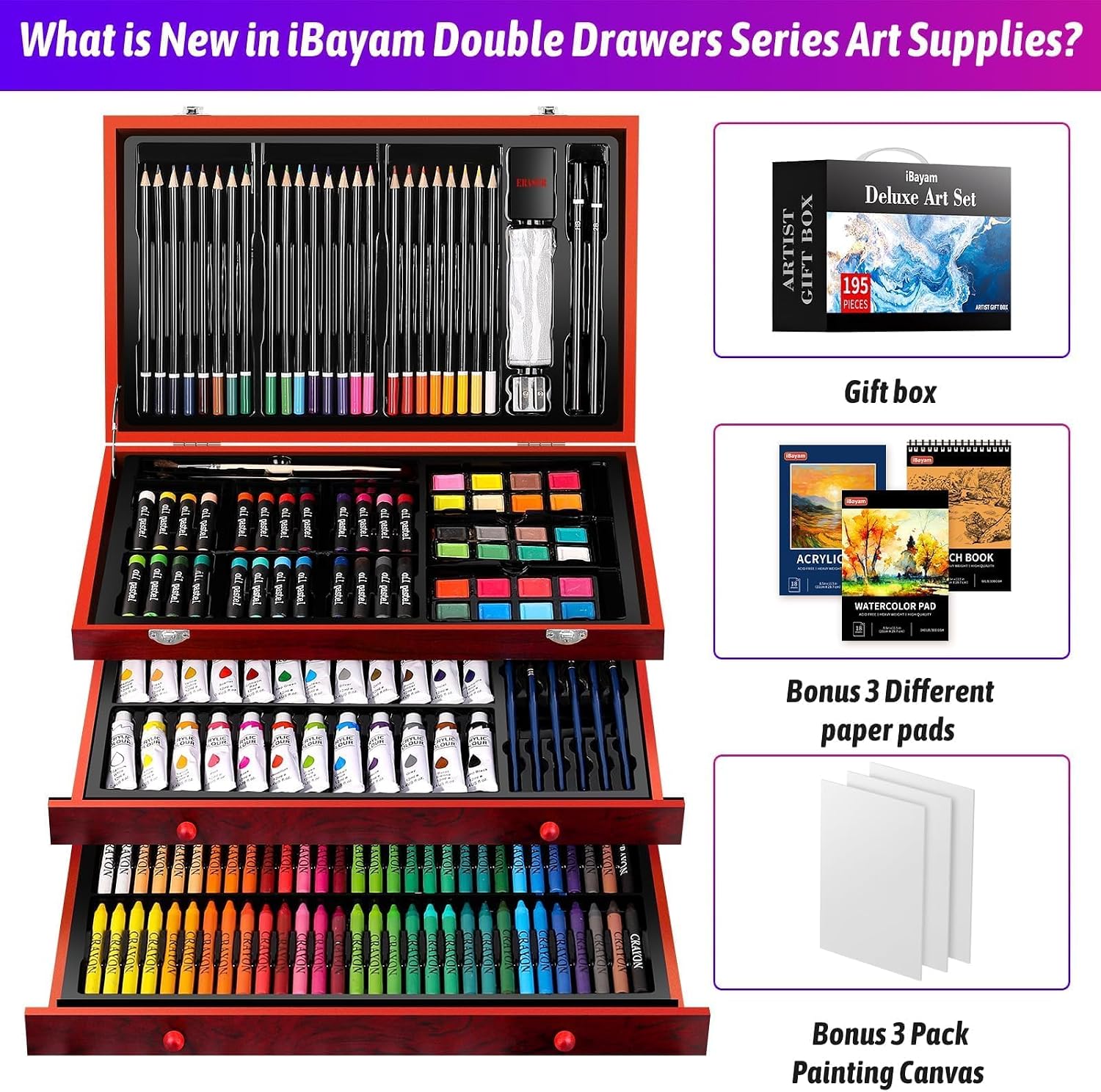 iBayam Art Supplies. 195-Pack Deluxe Drawing Painting Kit. 3 Sketchbook Set | 3 Canvases. Acrylic Paints. Watercolor. Colored Pencils. Crayons. Pastels. All in Wooden Case for Kids Teens Adults Artist - Image 4