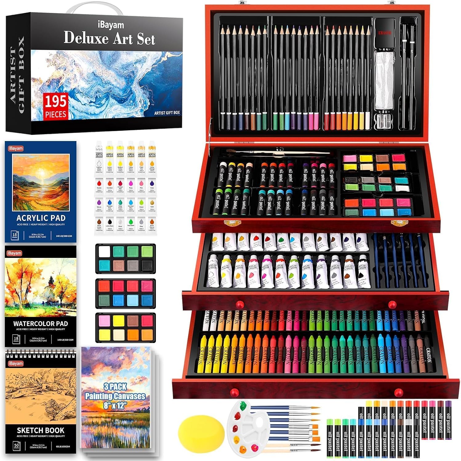 iBayam Art Supplies. 195-Pack Deluxe Drawing Painting Kit. 3 Sketchbook Set | 3 Canvases. Acrylic Paints. Watercolor. Colored Pencils. Crayons. Pastels. All in Wooden Case for Kids Teens Adults Artist