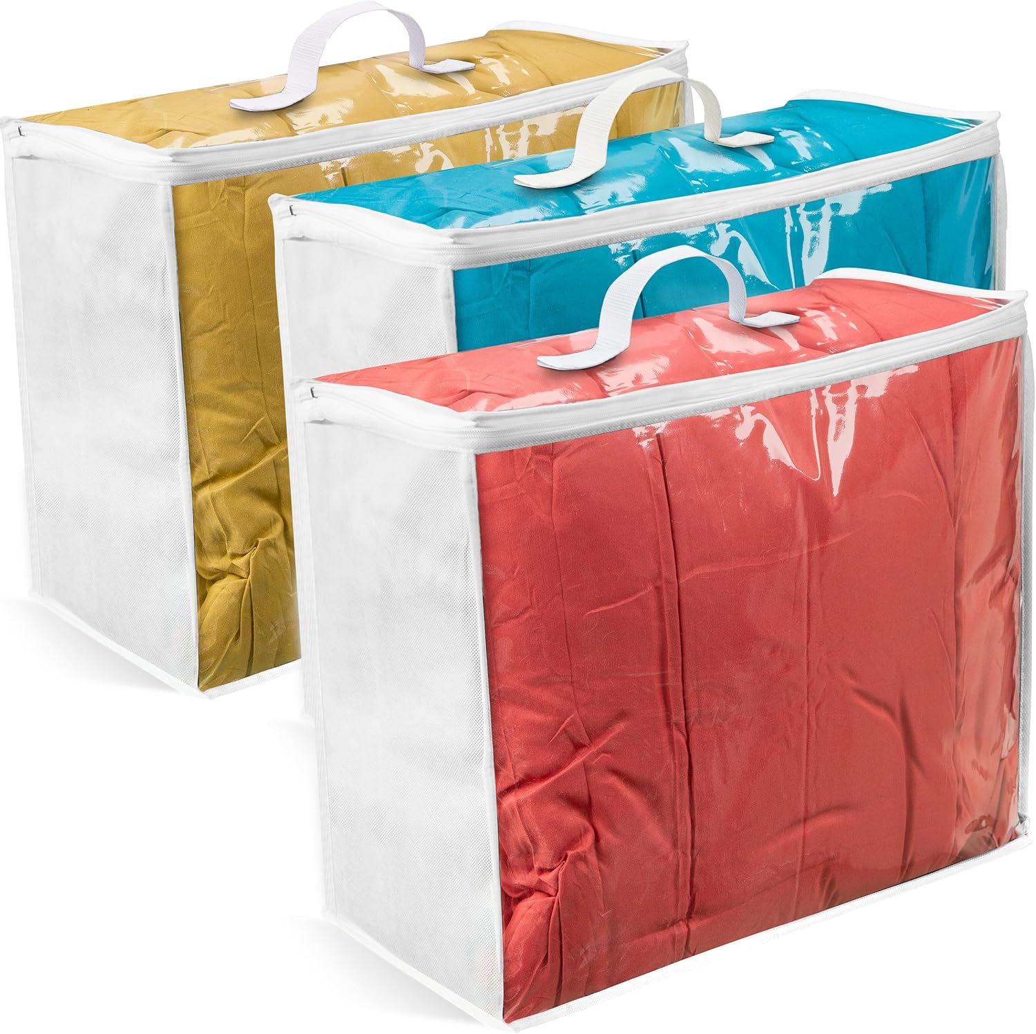 VitalUp Clear Plastic Storage Bag (3-Pack) 20x20x8 - Zipper. Blankets | Breathable Non-Woven Sides. Foldable. Comforters. Bedding. Clothes. Sweaters. College. Dorm. Packing
